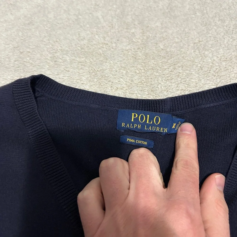 Polo Ralph Lauren V-Neck Sweater Mens XL Navy Blue Pima Cotton Orange Pony Logo